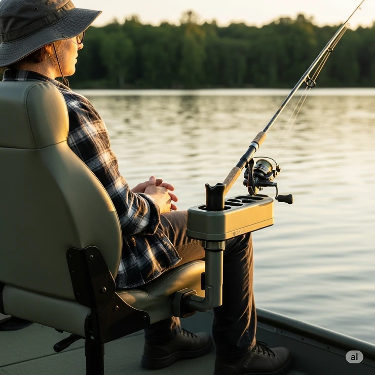 A person sitting comfortably on a padded bucket seat with a fishing rod holder.