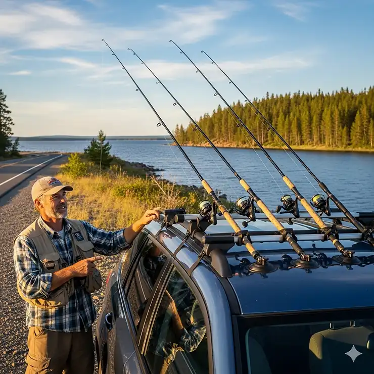 A fisherman using a suction cup fishing rod holder to transport their rods on the roof of a car.