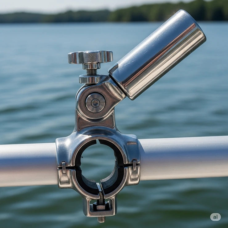 An adjustable clamp-on boat rod holder fastened to a railing, showing the clamp mechanism and a pivot point for changing the rod's angle.