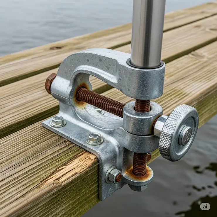 Detailed view of the heavy-duty clamp mechanism used to secure a fishing rod holder to a dock.