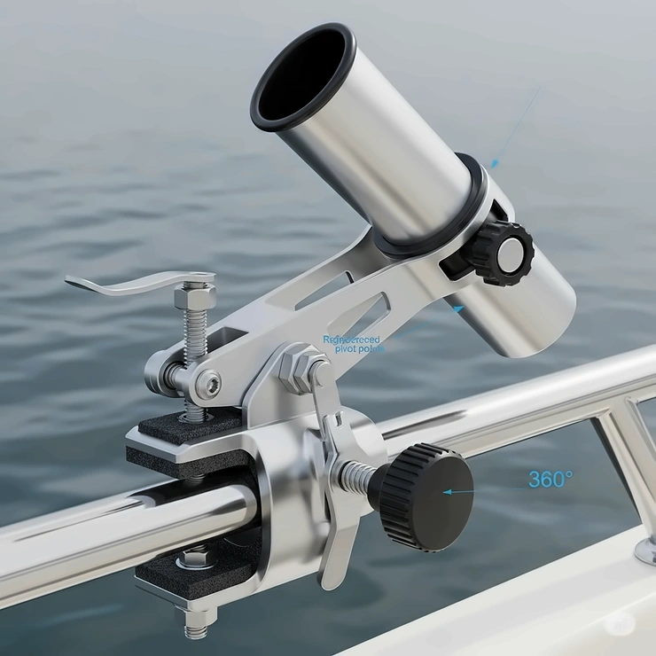 A detailed illustration of a clamp-on fishing rod holder, highlighting its durable construction and ease of installation on various boat rails.