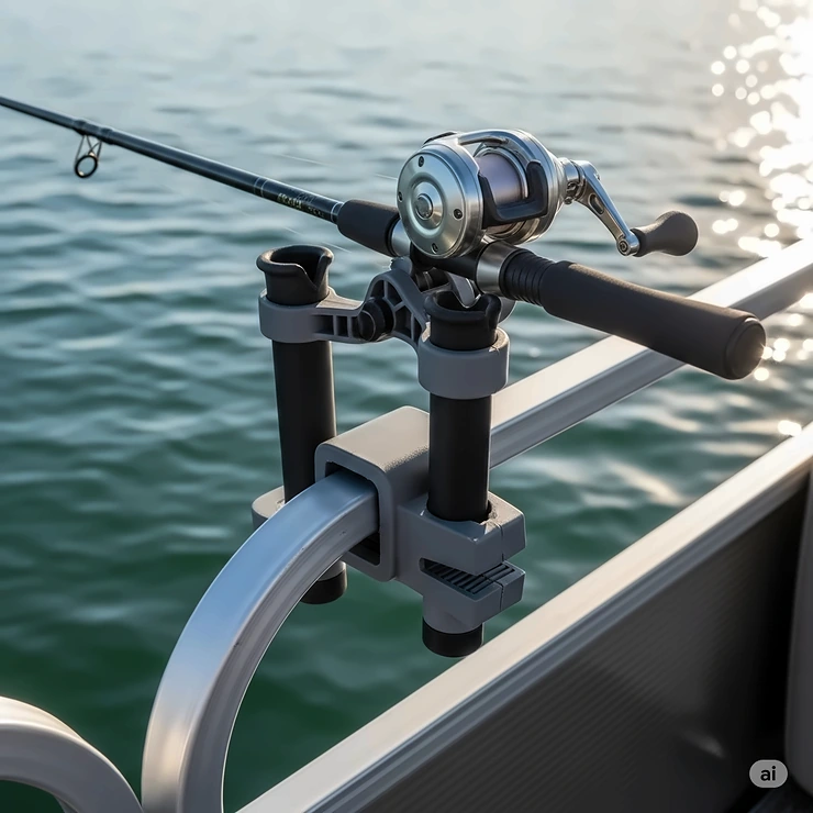 A close-up view of a clamp-on fishing rod holder securely attached to a pontoon boat's rail.