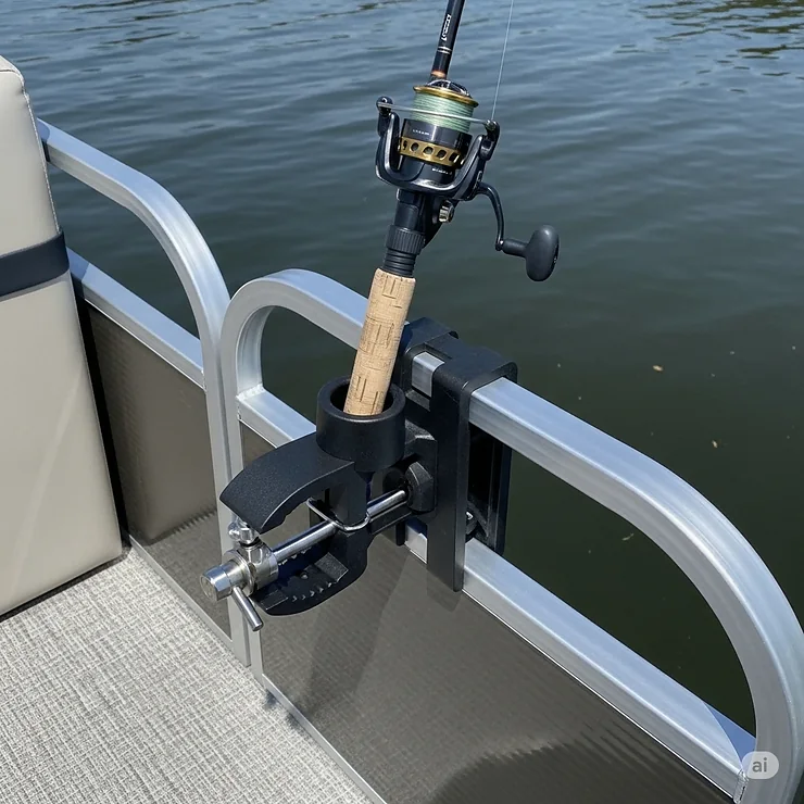 Practical clamp-on boat fishing rod holder attached to the railing of a pontoon boat, perfect for easy installation.