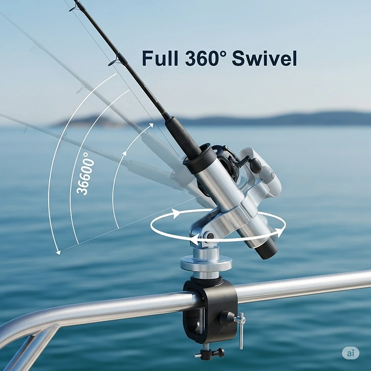 An illustration of a clamp-on rod holder with a 360-degree swivel feature, demonstrating its full range of motion.