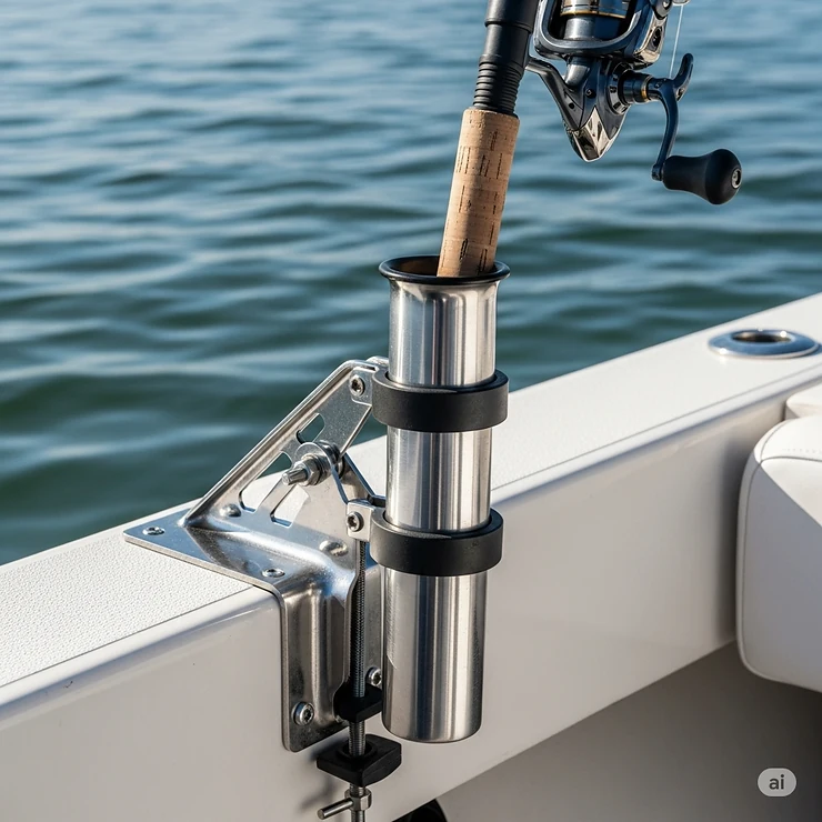 A close-up shot of a durable, adjustable clamp-on rod holder securely attached to the side of a boat, holding a fishing rod.