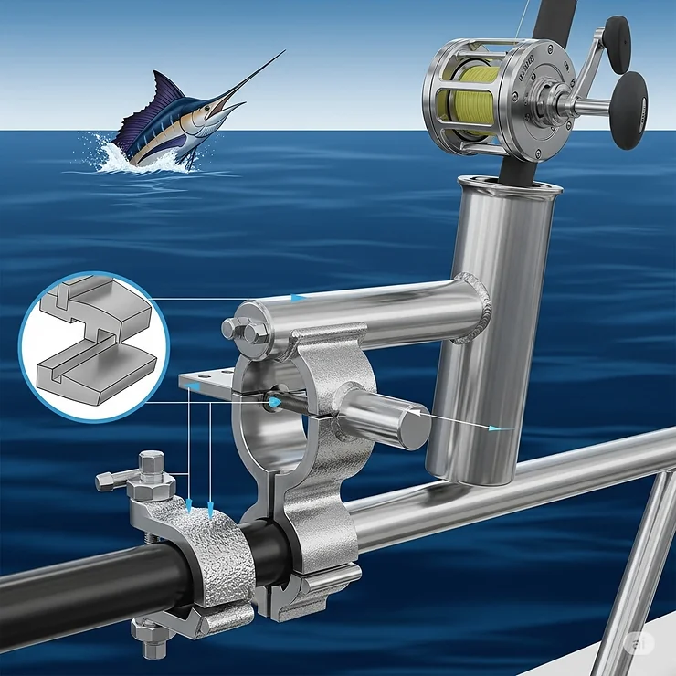 An illustration highlighting the heavy-duty construction of a clamp-on rod holder, showcasing its strong grip for big game fishing.