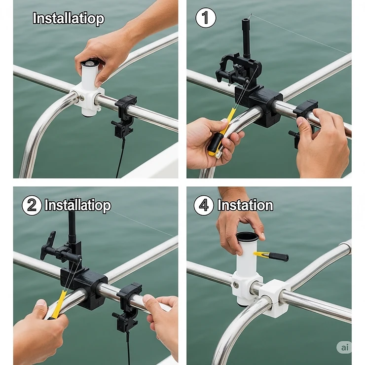 A step-by-step illustration showing how to easily install a clamp-on rod holder on a boat railing without drilling.