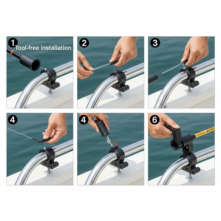 A step-by-step illustration of the installation process for a clamp-on rod holder, showcasing its simple, tool-free setup.