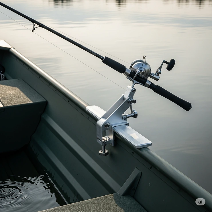 A side view of an adjustable clamp-on rod holder mounted on the rail of a jon boat, with a fishing rod in place.