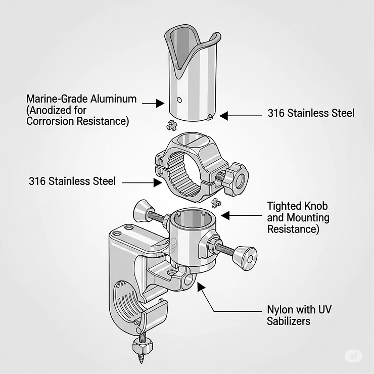 A diagram illustrating the different materials used to make a clamp-on rod holder, such as marine-grade aluminum and stainless steel.