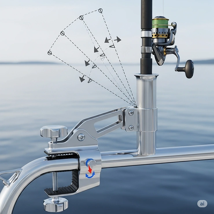An illustration showing a single clamp-on rod holder with an adjustable angle, capable of being set at various positions for different fishing styles.