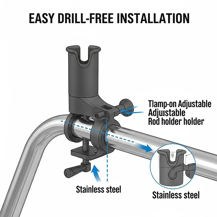 A diagram of a clamp-on adjustable fishing rod holder being easily installed on the rail of a boat without any drilling.