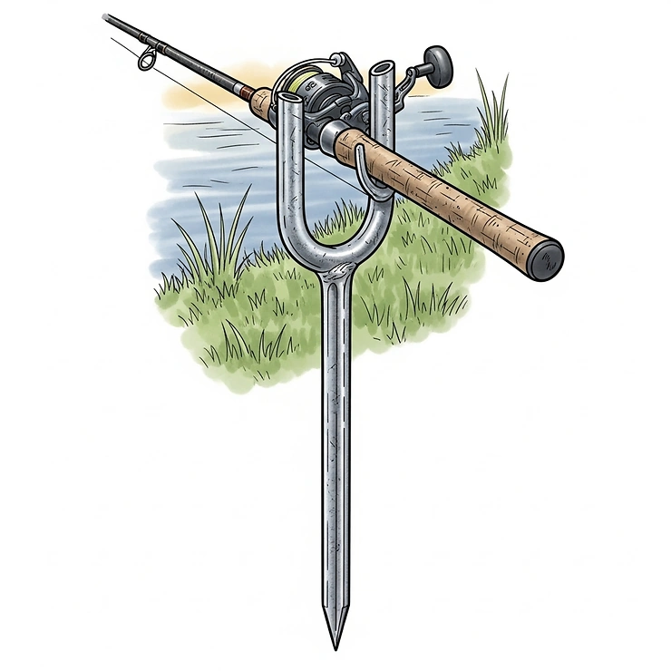 A detailed illustration of a classic spike-style bank fishing rod holder, emphasizing its simple yet effective design for securing fishing rods on the bank.