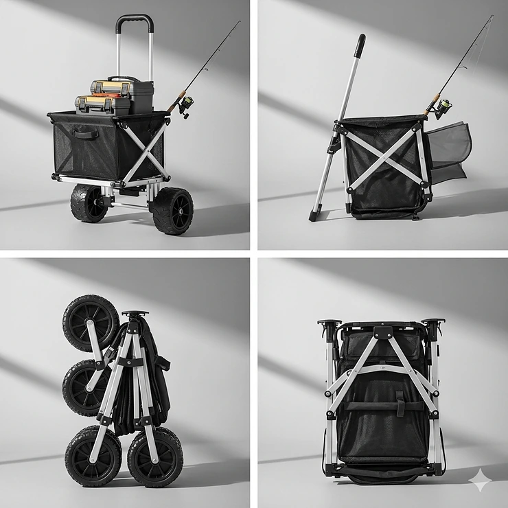 A demonstration of the collapsible design of a fishing cart, highlighting how it folds flat for easy storage and transportation.