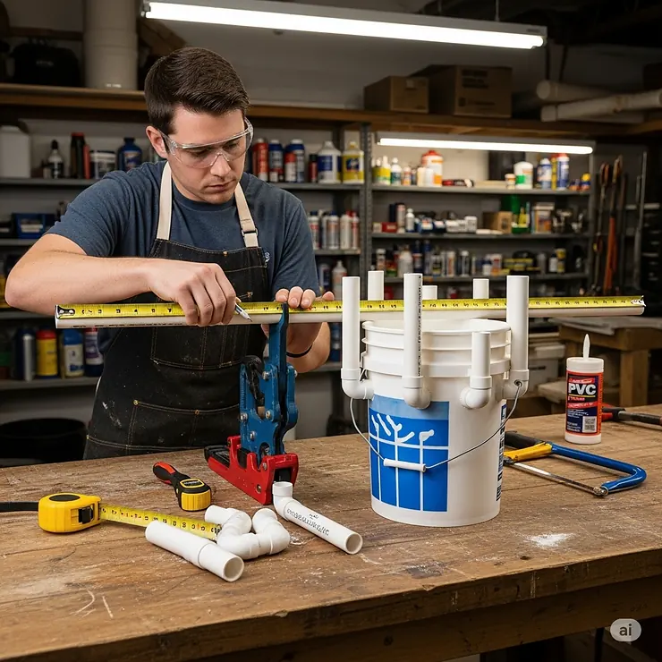 A close-up shot of someone accurately measuring and cutting PVC pipe to create individual rod slots for a 5 gallon bucket fishing rod holder.
