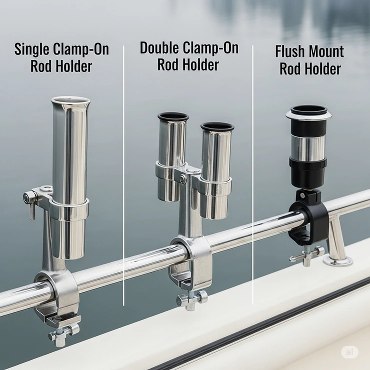 A visual comparison of different types of clamp-on rod holders for boats, including single, double, and flush mount options.