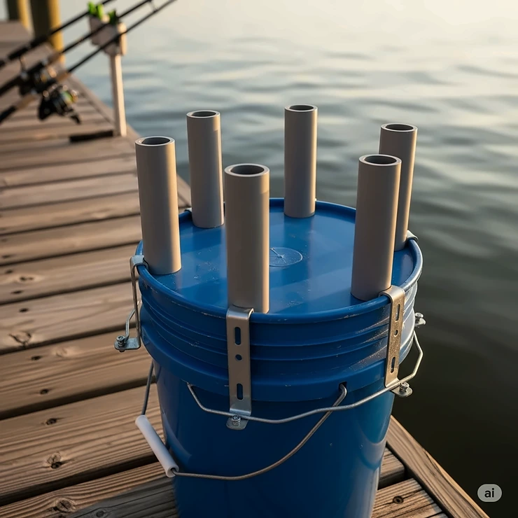 A close-up view of a homemade PVC pipe and 5-gallon bucket rod holder design.