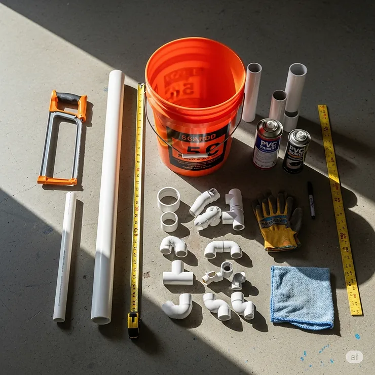 All the materials needed for a DIY 5 gallon bucket rod holder project, including PVC pipes, screws, and the bucket itself.