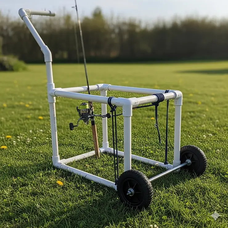 An example of a homemade DIY fishing cart, constructed from PVC pipes and a small pair of wheels, is displayed on a grassy lawn.