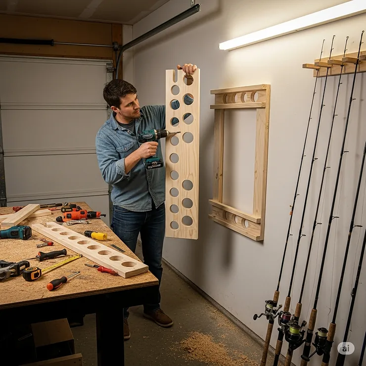 A person installing a custom-built, DIY fishing rod holder in a garage, demonstrating a hands-on approach to organizing gear.