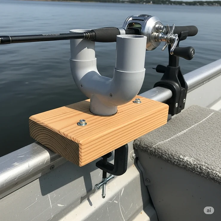 A homemade DIY rod holder for a jon boat, made from PVC pipe and a small wooden block, showcasing a simple and cost-effective solution.