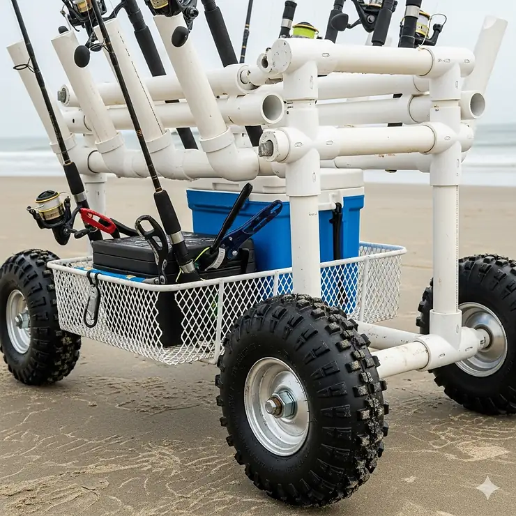 A detailed view of a homemade DIY surf fishing cart, showing its custom PVC pipe construction and wheels.