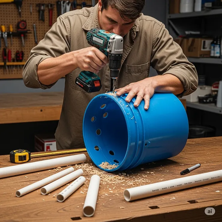 Drilling pilot holes into a 5 gallon bucket for attaching the PVC pipes that will hold the fishing rods.