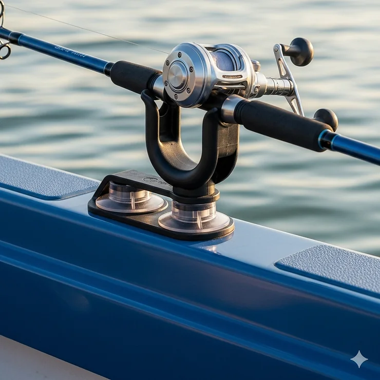An image highlighting a dual-suction cup fishing rod holder for extra stability and support.