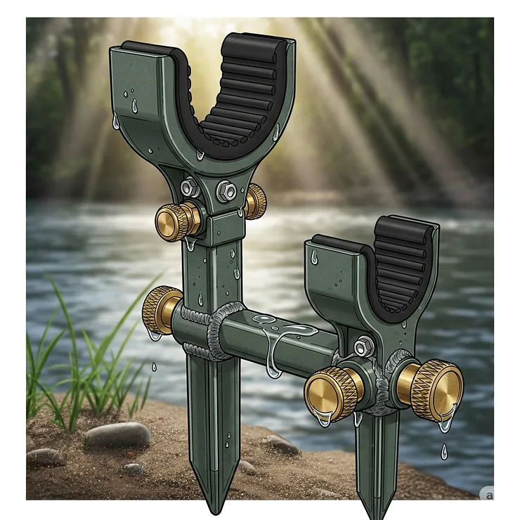 An illustration emphasizing the robust construction and durable materials of a bank fishing rod holder, built to withstand outdoor conditions.