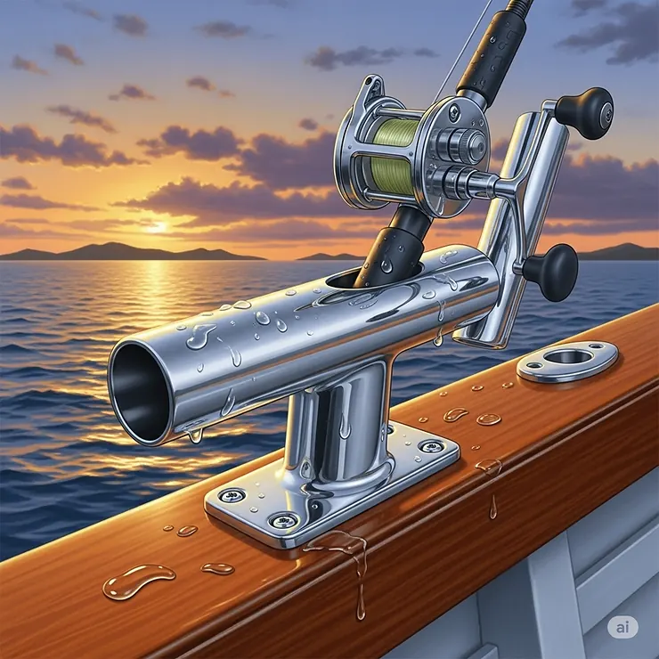 Illustration showcasing the durable, corrosion-resistant materials like stainless steel used in premium boat fishing rod holders.