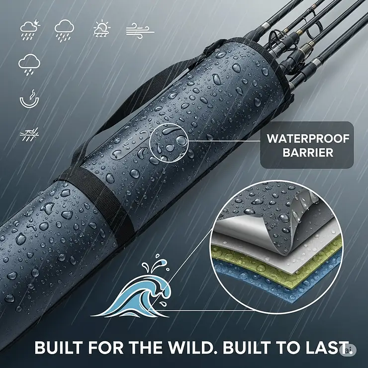 A graphic highlighting the rugged, waterproof material of the portable fishing pole carrier, emphasizing its ability to protect valuable gear from the elements.