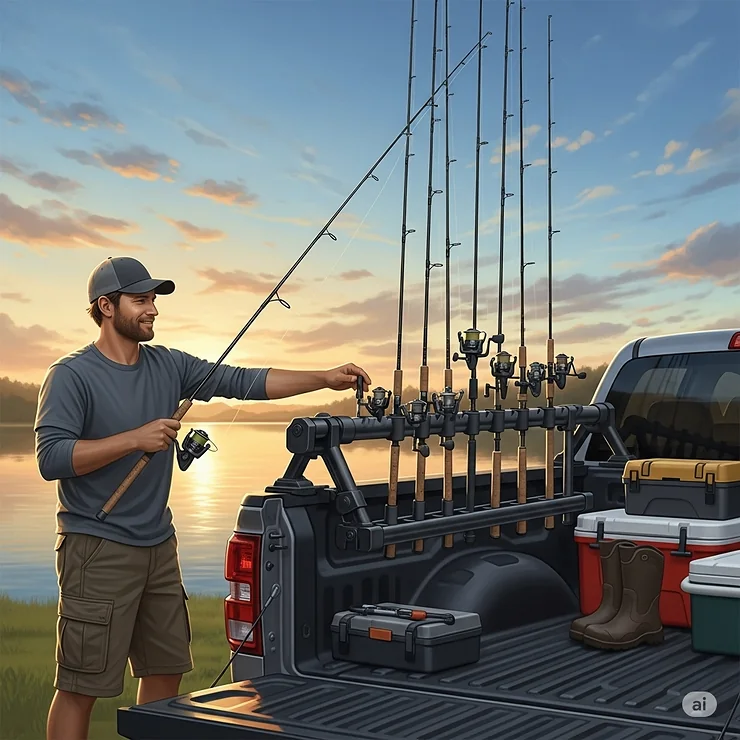 An illustration depicting a fisherman easily accessing or storing fishing rods from a securely mounted truck bed fishing rod holder, emphasizing convenience and quick setup.