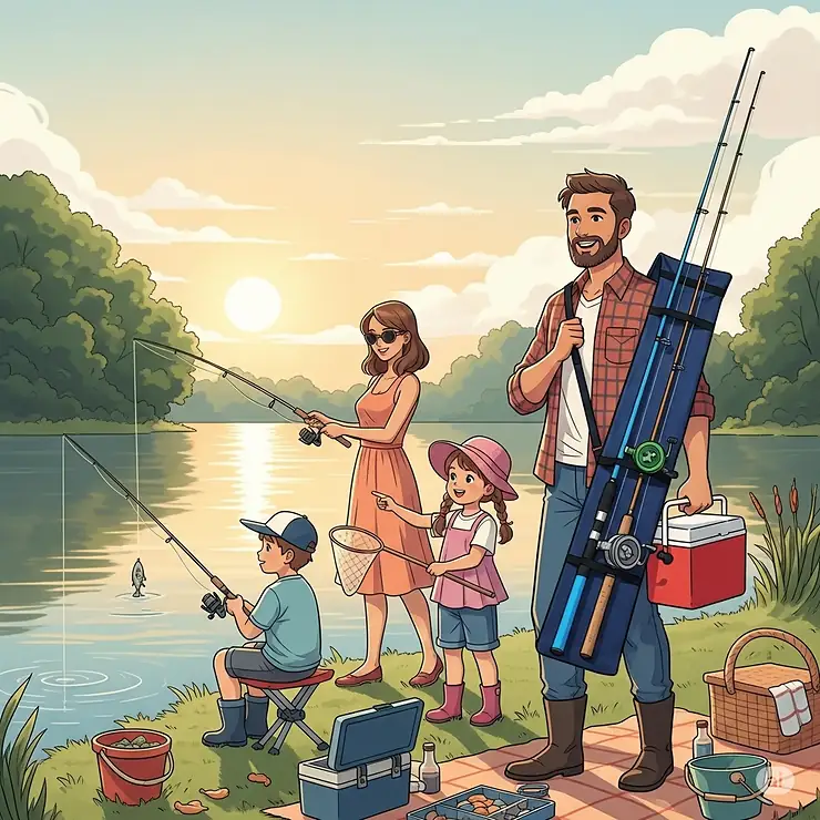 An illustration of a family on a fishing trip, with one parent using a portable fishing pole carrier to easily transport multiple rods, making it a great solution for family outings.
