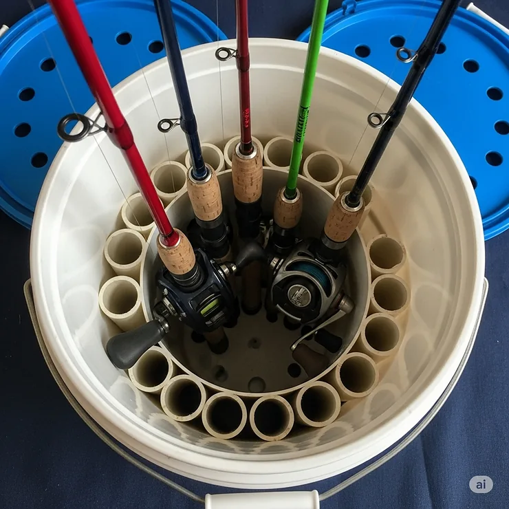 The interior view of the finished 5 gallon bucket rod holder, showing how the fishing rods fit securely and are protected inside.