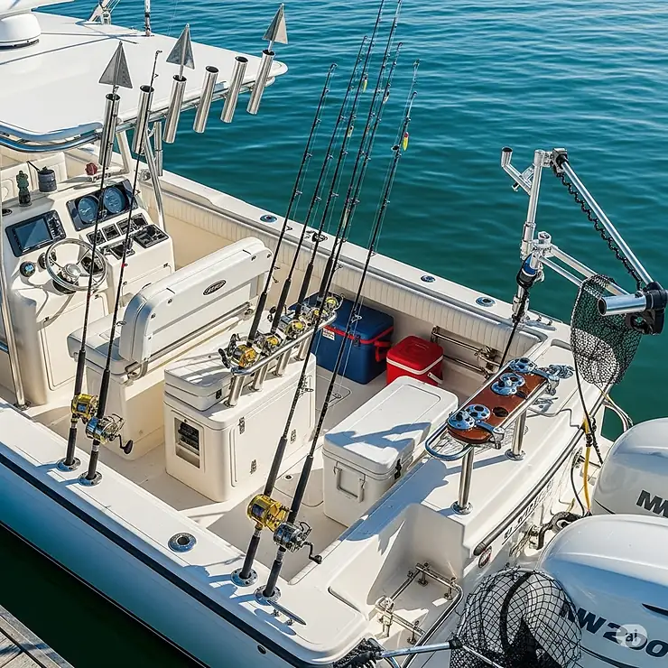 An overview of a fully equipped fishing boat featuring various types of fishing rod holders strategically placed for different angling techniques.