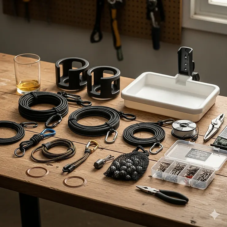 Various accessories for fishing carts, including bungee cords, drink holders, and a mounted bait tray, are neatly laid out on a table.