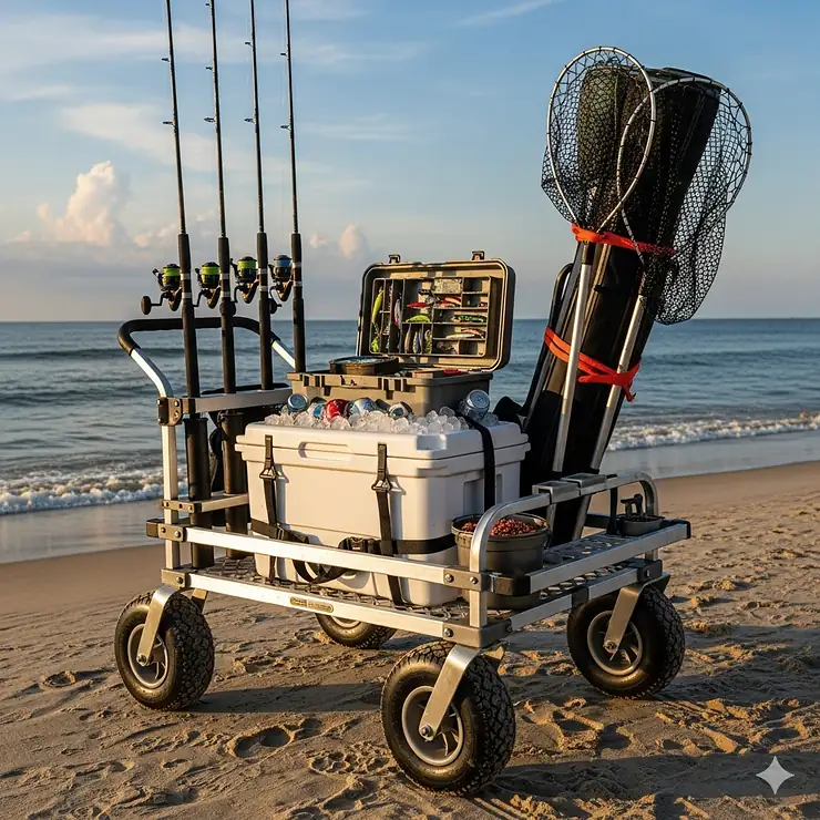A fully loaded fishing cart equipped with rod holders, a cooler, a tackle box, and fishing nets, demonstrating its capacity for carrying all essential fishing gear.