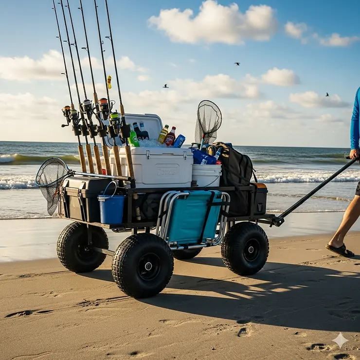 A loaded fishing cart is pulled along a sandy beach, showcasing its versatility beyond just pier use.