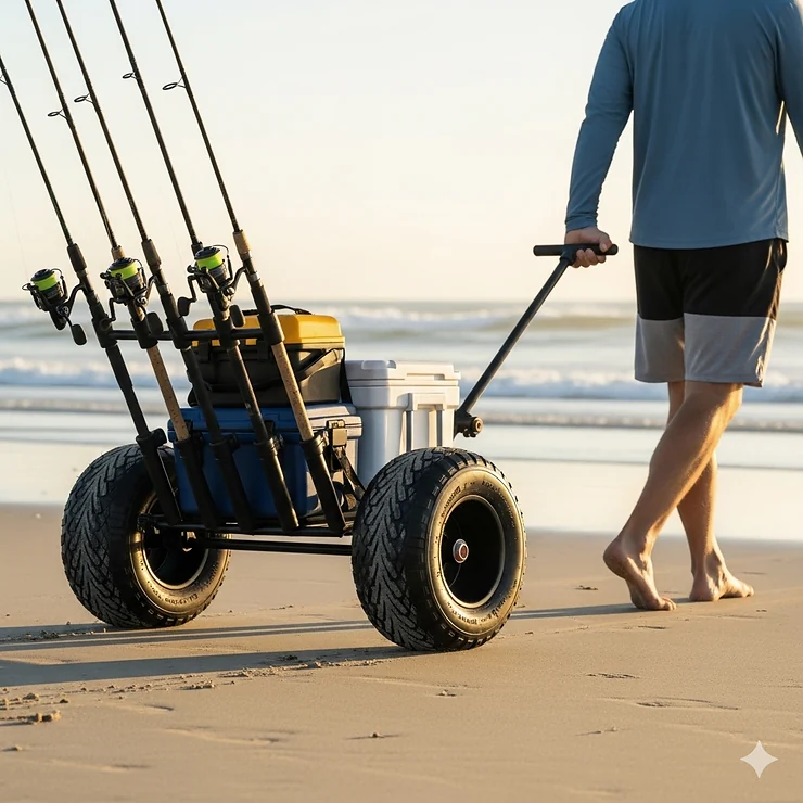 A person easily pulling a fishing cart with oversized wheels and sturdy rod holders across a soft, sandy beach, highlighting its mobility and ease of use.