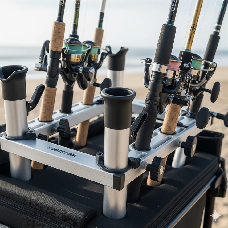 A close-up view of a fishing cart's multiple adjustable rod holders, showing the secure and organized way to transport fishing rods to your favorite spot.