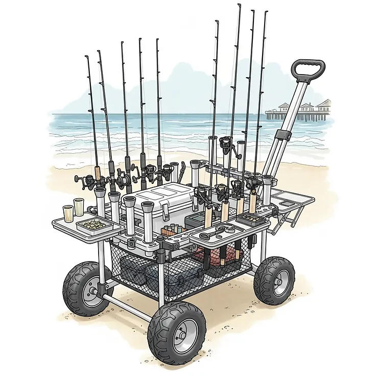 An illustration of a versatile fishing cart with rod holders, accommodating different types of rods, including spinning, baitcasting, and surf fishing rods.