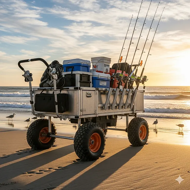 A heavy-duty fishing cart with multiple rod holders, large all-terrain wheels, and a spacious cargo area, parked on a sandy beach at sunset, ready for a day of surf fishing.