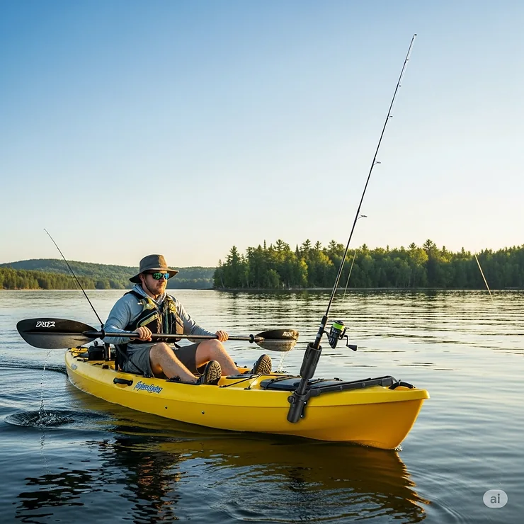 A photo of a kayak angler using a rod holder to keep their fishing rod stable while paddling to a new location.