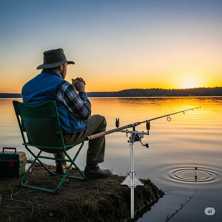 A fisherman sits comfortably in a folding chair, watching his fishing pole securely held by a sturdy ground fishing rod holder with an adjustable head, waiting for a bite.