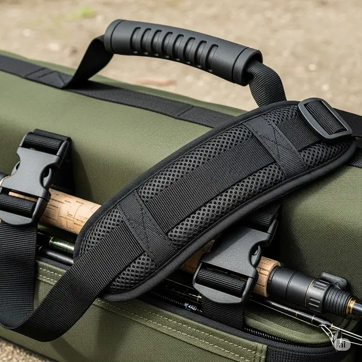 Close-up view of the padded, adjustable shoulder strap and durable grab handle on the portable fishing pole carrier, showing its comfortable and ergonomic design.