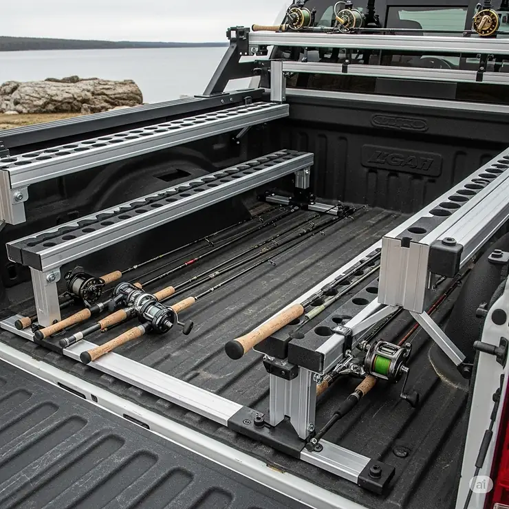 A truck bed with a custom setup of fishing rod holder brackets for transporting fishing rods safely.