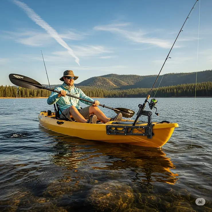 A kayak angler using a fishing rod holder bracket to keep their rod steady while paddling.