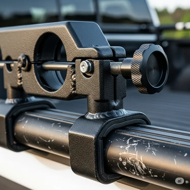 Close-up view of the sturdy clamping mechanism of a truck bed fishing rod holder, designed for easy installation and secure attachment without drilling.
