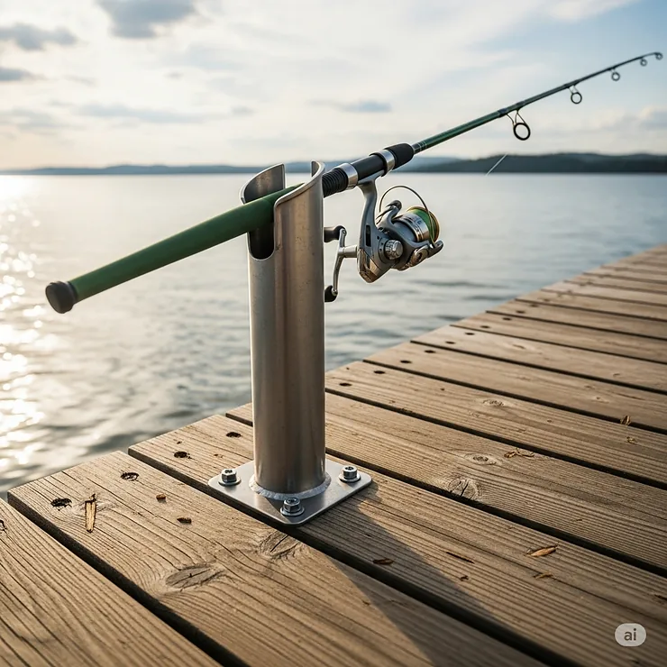 A secure, durable fishing rod holder is mounted on a wooden dock, with a fishing rod in place.