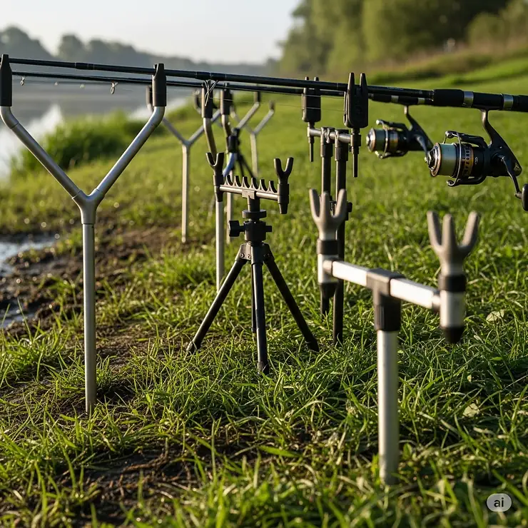 A close-up shot of a variety of fishing rod holders set up on a grassy bank, ready for bank fishing. fishing rod holders for bank fishing
